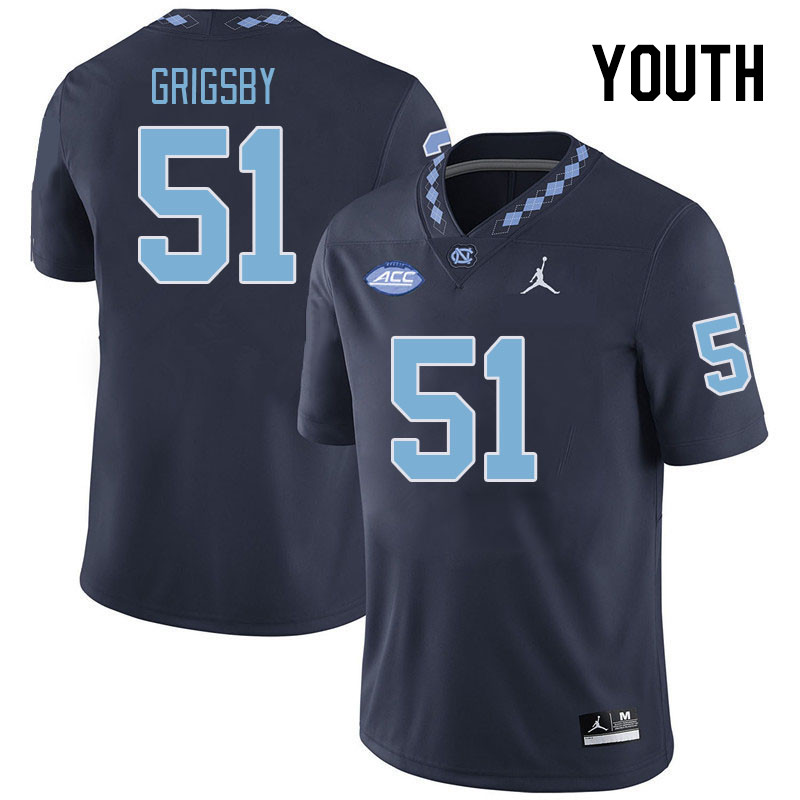 Youth #51 R.J. Grigsby North Carolina Tar Heels College Football Jerseys Stitched-Navy